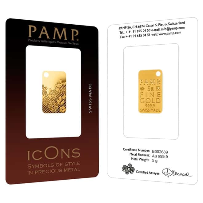 5 gram Gold Bar PAMP Suisse Valenciennes Lace .9999 Fine (In Assay)