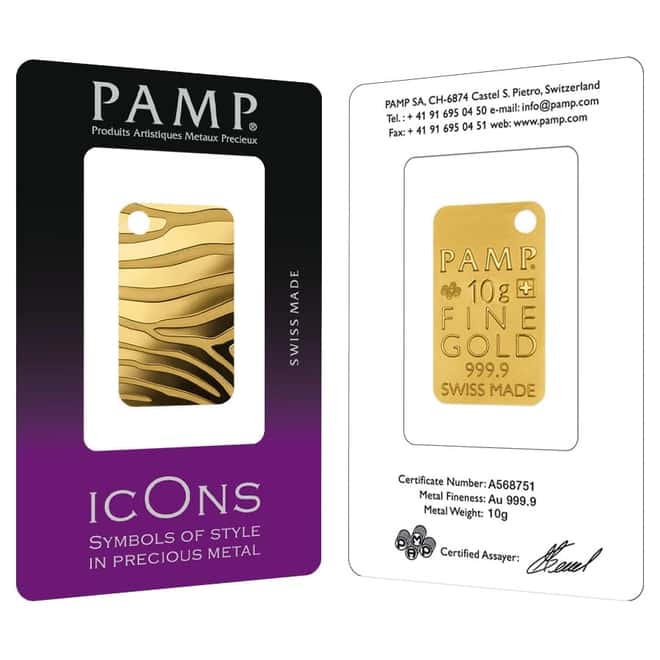 10 gram Gold Bar PAMP Suisse Zebra Skin .9999 Fine (In Assay)