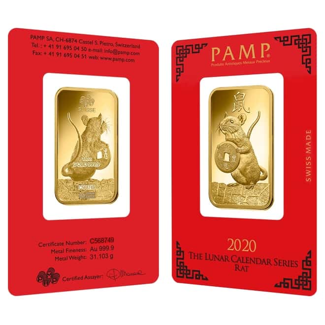 1 oz PAMP Suisse Year of the Mouse / Rat Gold Bar (In Assay)