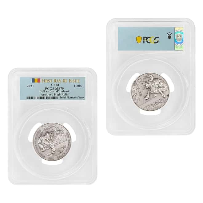 2021 Chad 2 oz Silver Bull vs Bear Pandemic Coin PCGS MS 70 FDOI Antiqued High Relief