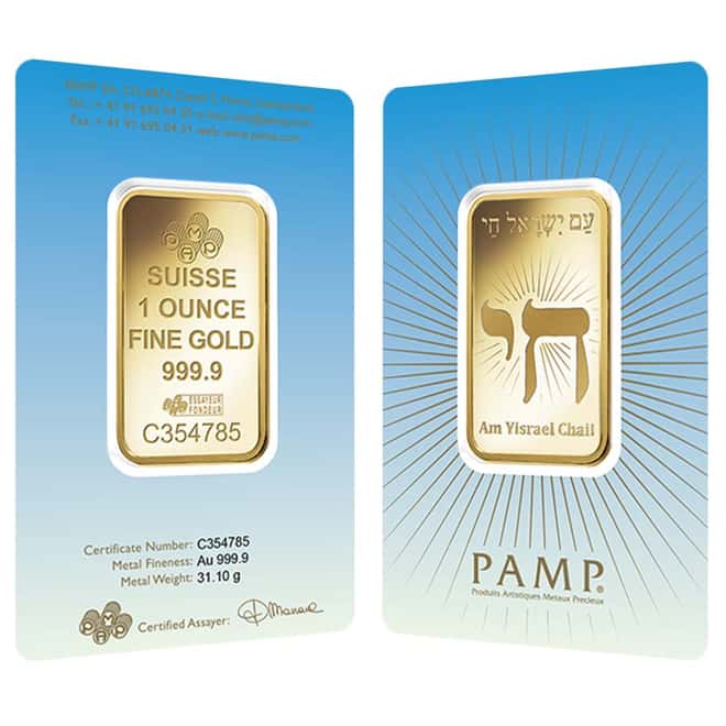 Box of 25 - 1 oz PAMP Suisse Gold Bar - Am Yisrael Chai (in Assay) .9999 Fine