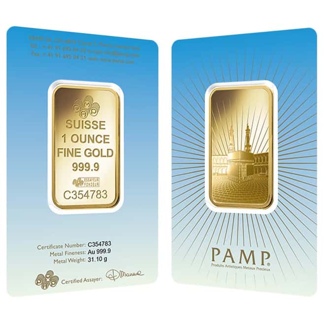 1 oz PAMP Suisse Gold Bar - Ka ´Bah, Mecca (in Assay) .9999 Fine