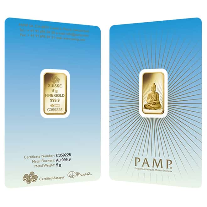 5 gram PAMP Suisse Gold Bar - Buddha (in Assay) .9999 Fine