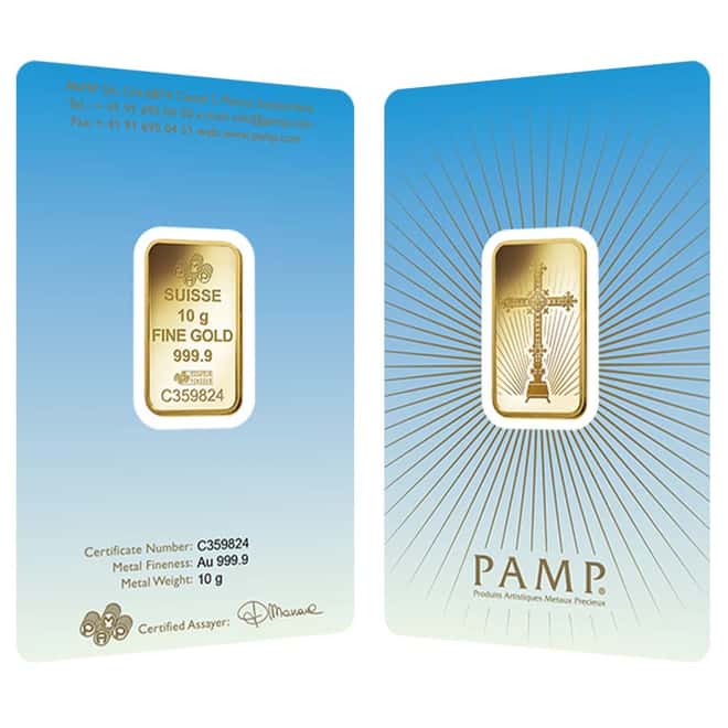 10 gram PAMP Suisse Gold Bar - Romanesque Cross (in Assay) .9999 Fine
