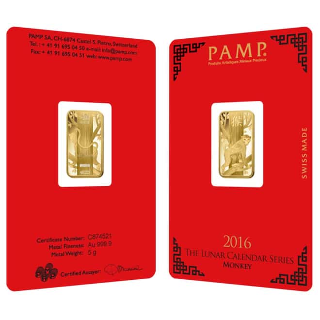 5 gram PAMP Suisse Year of the Monkey Gold Bar (In Assay)