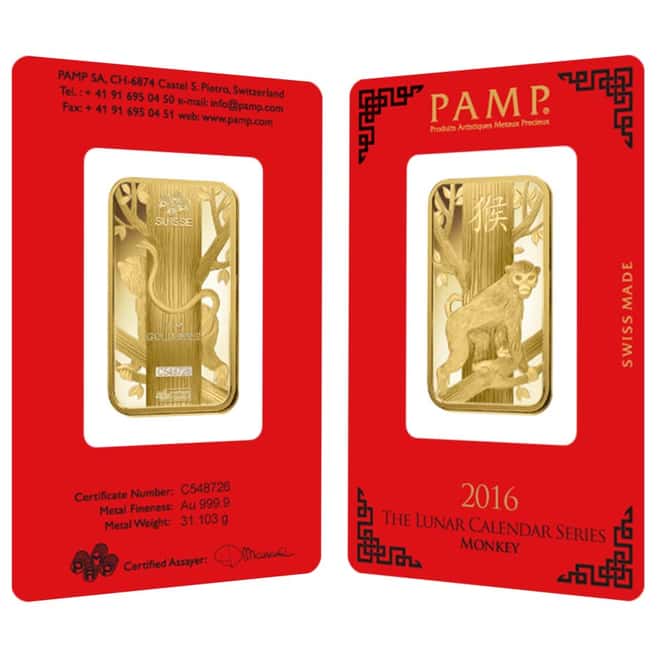 1 oz PAMP Suisse Year of the Monkey Gold Bar (In Assay)
