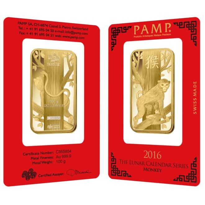 100 gram PAMP Suisse Year of the Monkey Gold Bar (In Assay)