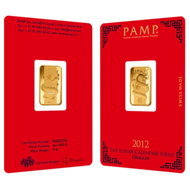 5 gram PAMP Suisse Year of the Dragon Gold Bar (In Assay)