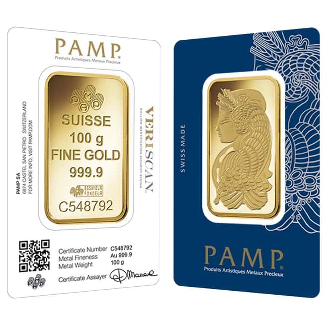 100 gram Gold Bar PAMP Suisse Lady Fortuna Veriscan .9999 Fine (In Assay)