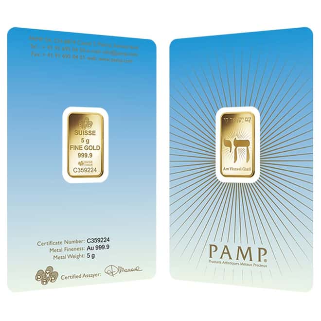 5 gram PAMP Suisse Gold Bar - Am Yisrael Chai (in Assay) .9999 Fine 