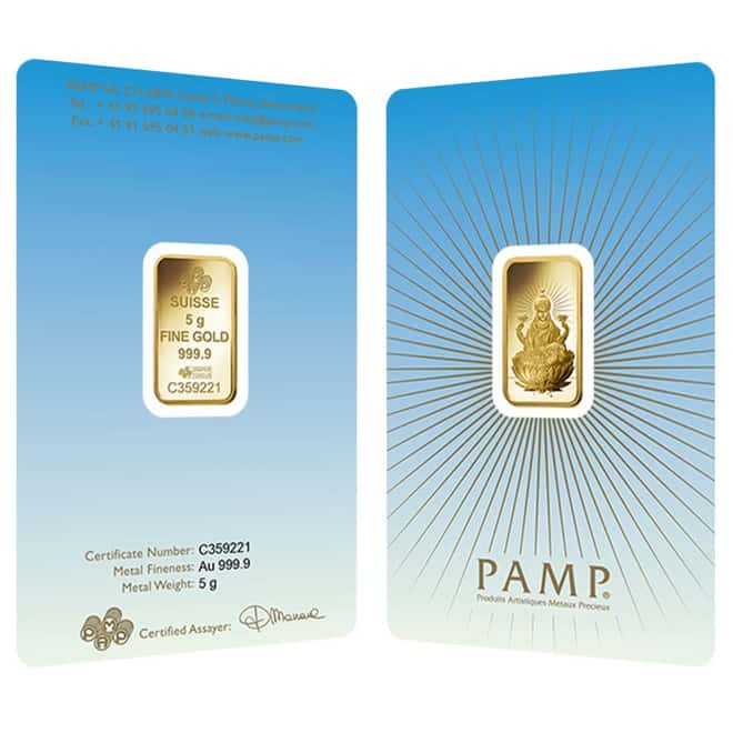 5 gram PAMP Suisse Gold Bar - Lakshmi (in Assay) .9999 Fine