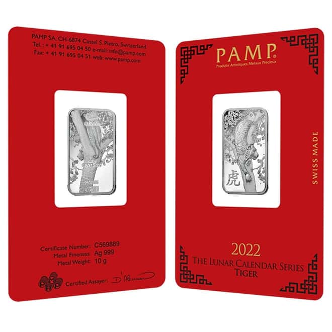 10 gram PAMP Suisse Year of the Tiger Silver Bar (In Assay)