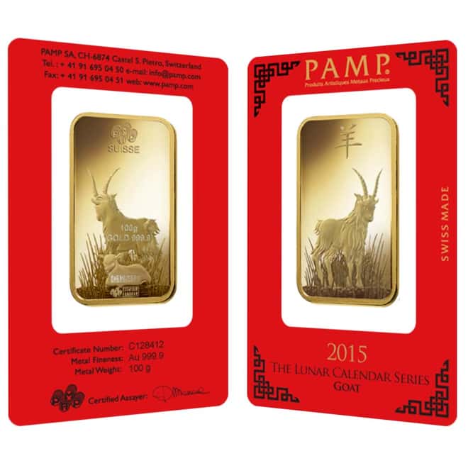 100 gram PAMP Suisse Year of the Goat Gold Bar (In Assay)