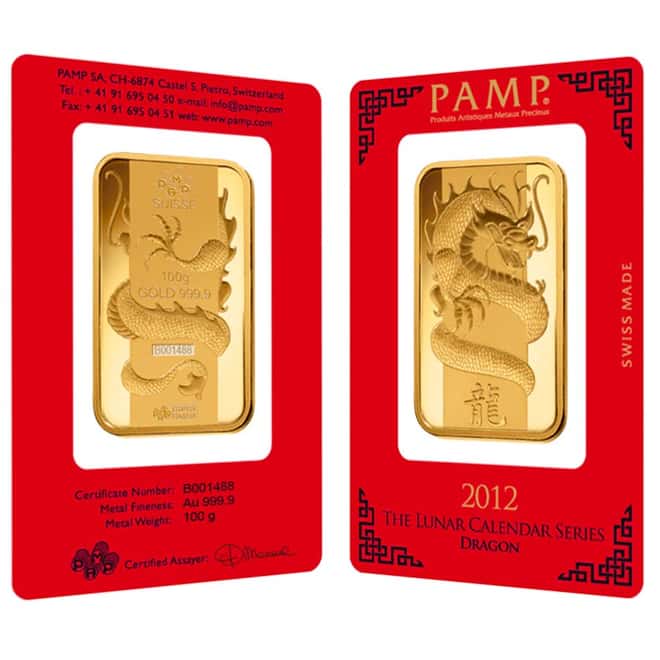100 gram PAMP Suisse Year of the Dragon Gold Bar (In Assay)