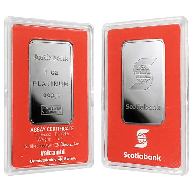 1 oz Platinum Bar - Scotiabank Valcambi Suisse .999+ Fine (In Assay) 