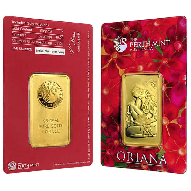 1 oz Perth Mint Oriana Design Gold Bar .9999 Fine (In Assay)