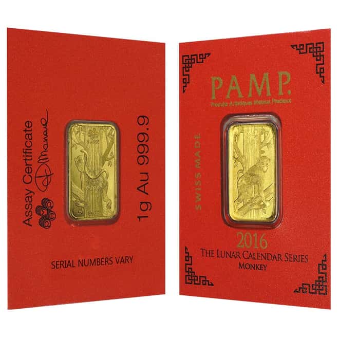 1 gram Gold Bar - PAMP Suisse Lunar Monkey .9999 Fine (In Assay from Multigram+8)