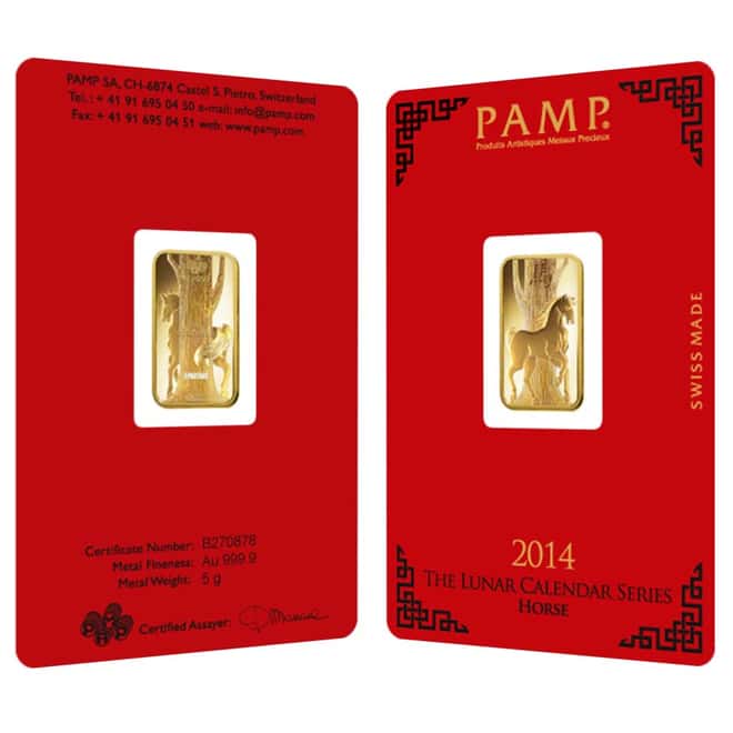 Box of 25 - 5 gram PAMP Suisse Year of the Horse Gold Bar (In Assay)