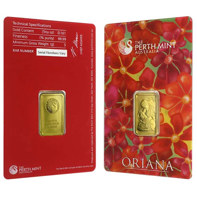 5 gram Perth Mint Oriana Design Gold Bar .9999 Fine (In Assay)
