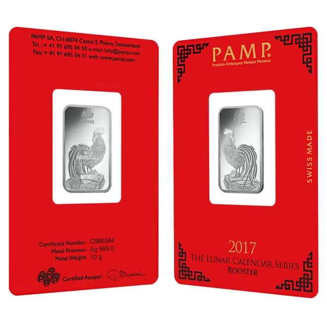 10 gram PAMP Suisse Year of the Rooster Silver Bar (In Assay)