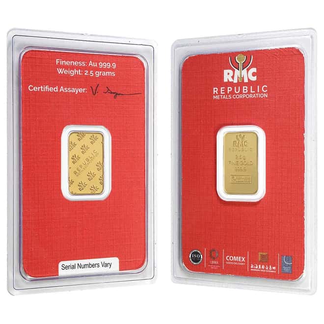 2.5 gram Republic Metals (RMC) Gold Bar .9999 Fine (In Assay)