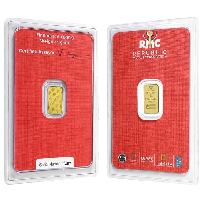 1 gram Republic Metals (RMC) Gold Bar .9999 Fine (In Assay)