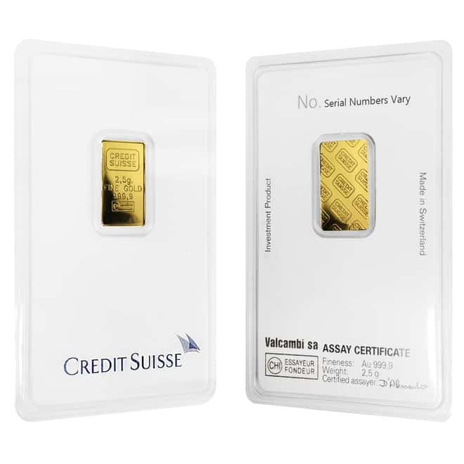 2.5 gram Credit Suisse Gold Bar .9999 Fine (In Assay)