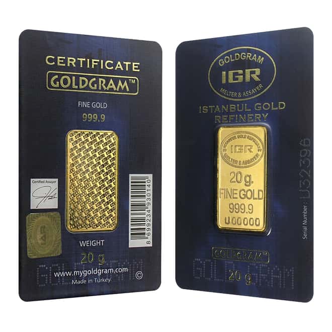 20 gram Istanbul Gold Refinery (IGR) Bar .9999 Fine (In Assay)