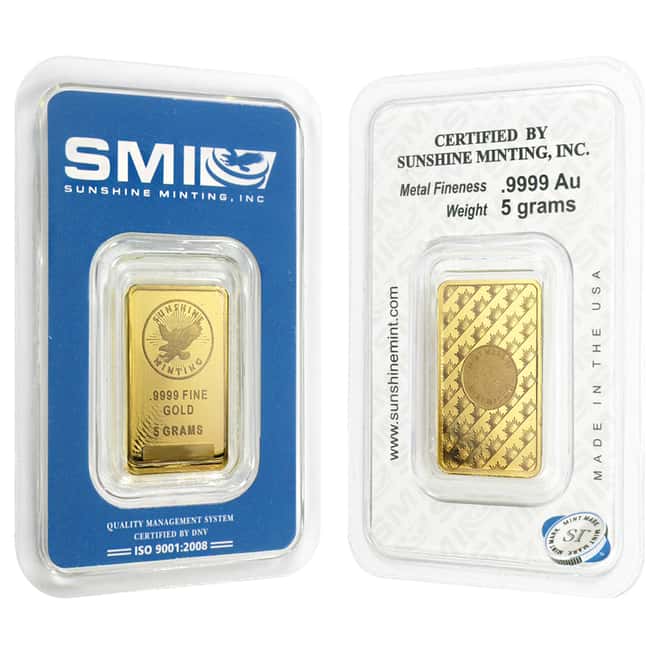 Sunshine Mint 5 gram Gold Bar .9999 Fine (In Assay)