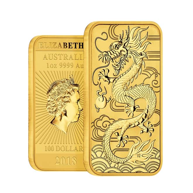 2018 1 oz Gold Australian Dragon Coin Bar $100 BU