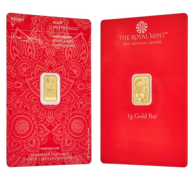 1 gram Britannia Gold Bar Henna Design .9999 Fine (In Assay)