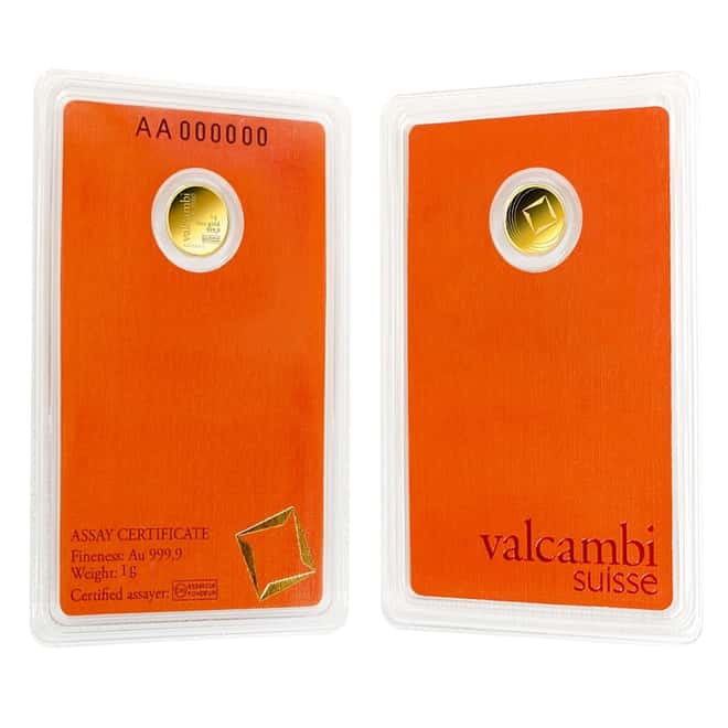 1 gram Gold Round Valcambi Suisse .9999 Fine (In Assay)