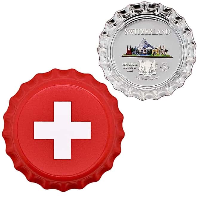 2022 Chad 6 gram World Landmarks - Switzerland Bottle Cap Proof Silver Coin .999 Fine (In Cap)