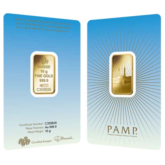 Box of 25 - 10 gram PAMP Suisse Gold Bar - Ka ´Bah, Mecca (in Assay) .9999 Fine