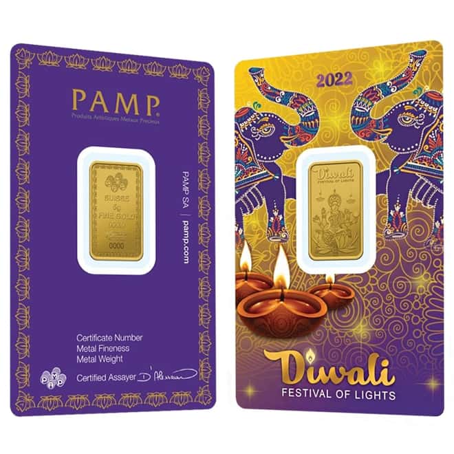 5 gram PAMP Suisse Diwali Lakshmi Gold Bar .9999 Fine (In Assay)