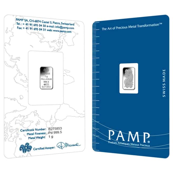 1 gram PAMP Suisse Palladium Bar .9995 Fine (In Assay)