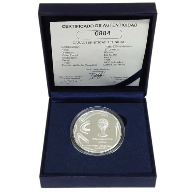  2014 .803 oz Ecuador 1 Sucre FIFA World Cup Brazil Soccer Proof Silver Coin (W/Box & COA)