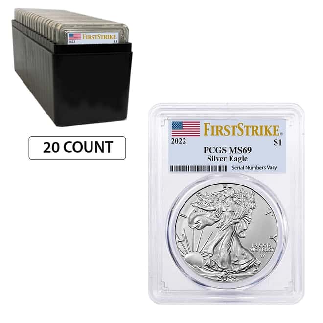 Box of 20 - 2022 1 oz Silver American Eagle $1 Coin PCGS MS 69 First Strike (Flag Label)