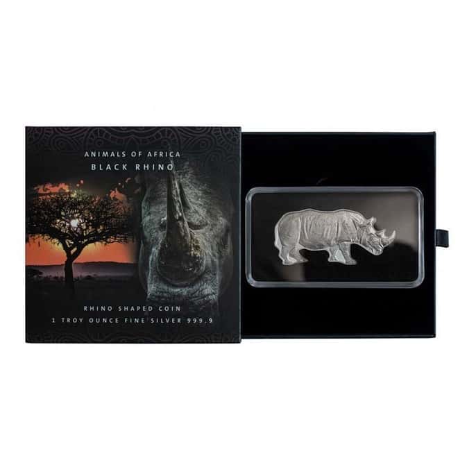 2022 Solomon Islands 1 oz African Black Rhino Shaped Silver Coin - Animals of Africa .9999 Fine (w/Box & COA)