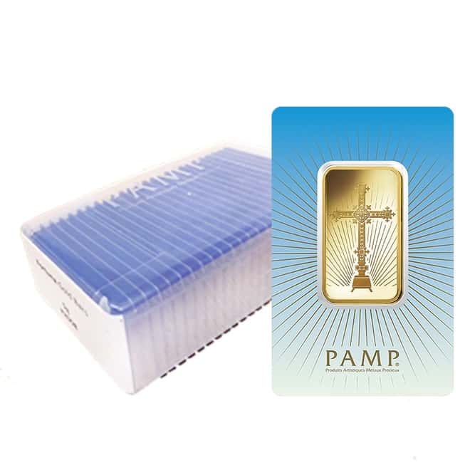 Box of 25 - 1 oz PAMP Suisse Gold Bar - Romanesque Cross (in Assay) .9999 Fine