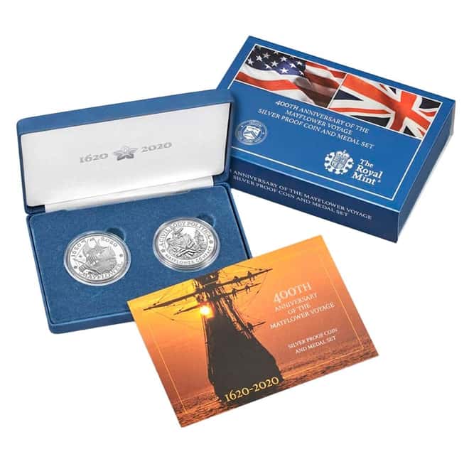 2020 US/UK 2 oz Mayflower Voyage Proof Silver 2-Coin Medal Set (w/Box & COA)