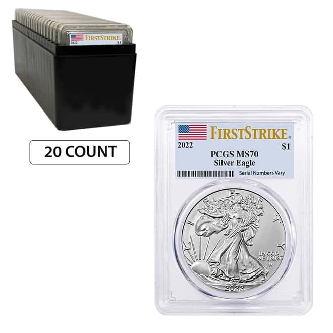 Box of 20 - 2022 1 oz Silver American Eagle $1 Coin PCGS MS 70 First Strike (Flag Label)