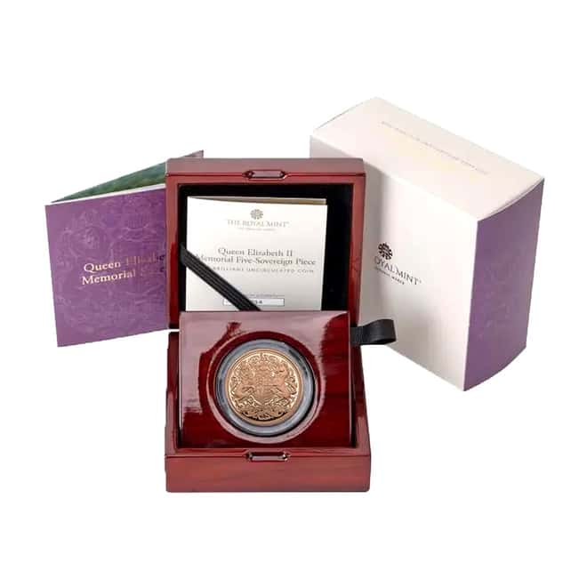 2022 UK Gold Five Sovereign Piece BU - Queen Elizabeth II Memorial Coin (w/Box & COA)