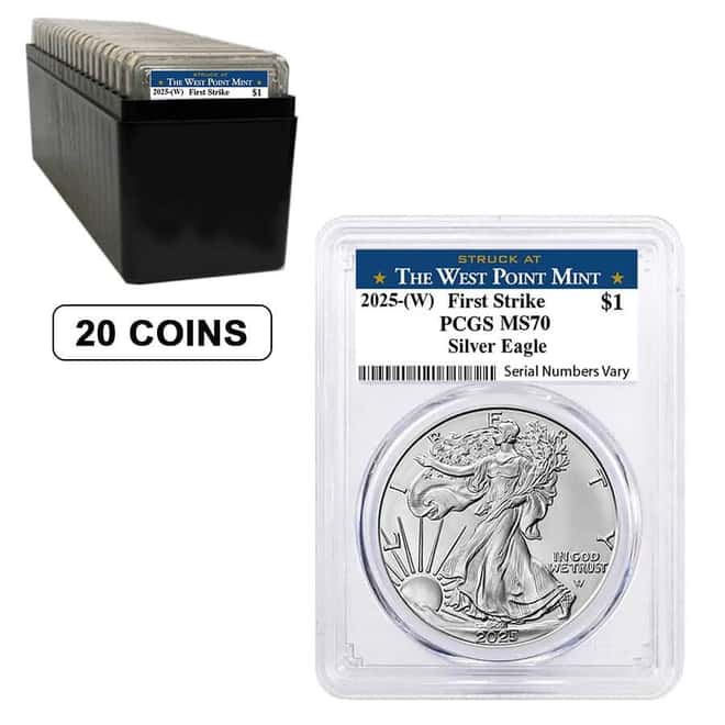 Box of 20 - 2025 (W) 1 oz Silver American Eagle PCGS MS 70 FS West Point