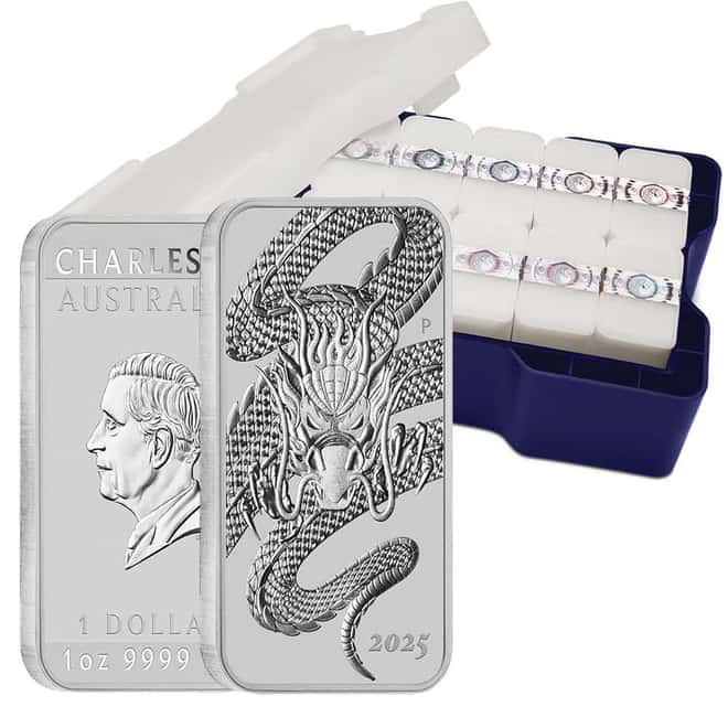 Monster Box of 200 - 2025 1 oz Silver Australian Dragon Rectangular Coin Bar $1 BU