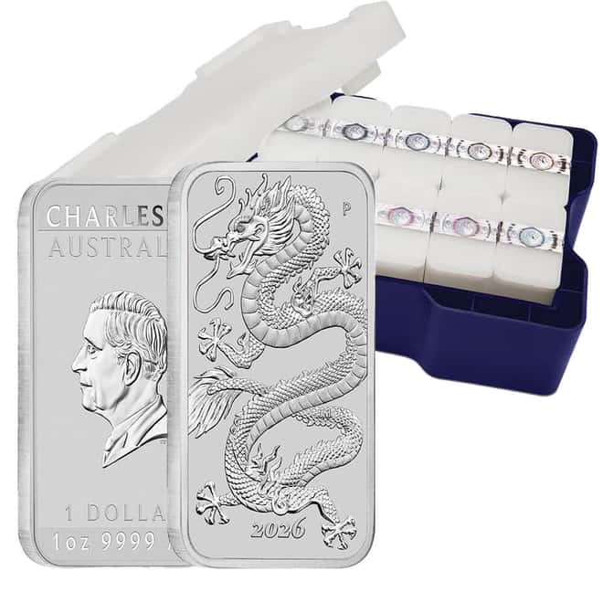 Monster Box of 200 - 2026 1 oz Silver Australian Dragon Rectangular Coin Bar $1 BU