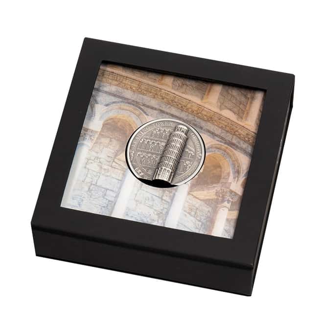2022 Cook Islands 2 oz Silver Leaning Tower of Pisa Coin Antiqued .999 Fine (w/Box & COA)