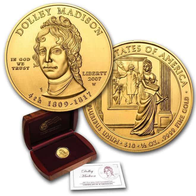 2007 W 1/2 oz $10 First Spouse - Dolley Madison Gold Uncirculated Coin (w/Box & COA)