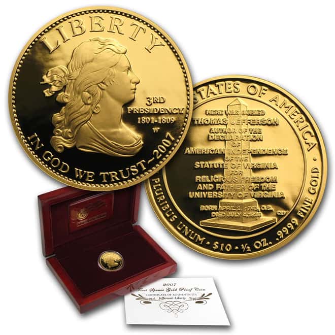 2007 W 1/2 oz $10 First Spouse - Jefferson's Liberty Gold Proof Coin (w/Box & COA)