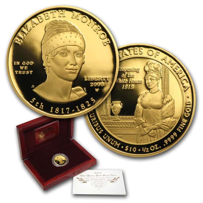 2008 W 1/2 oz $10 First Spouse - Elizabeth Monroe Gold Proof Coin (w/Box & COA)